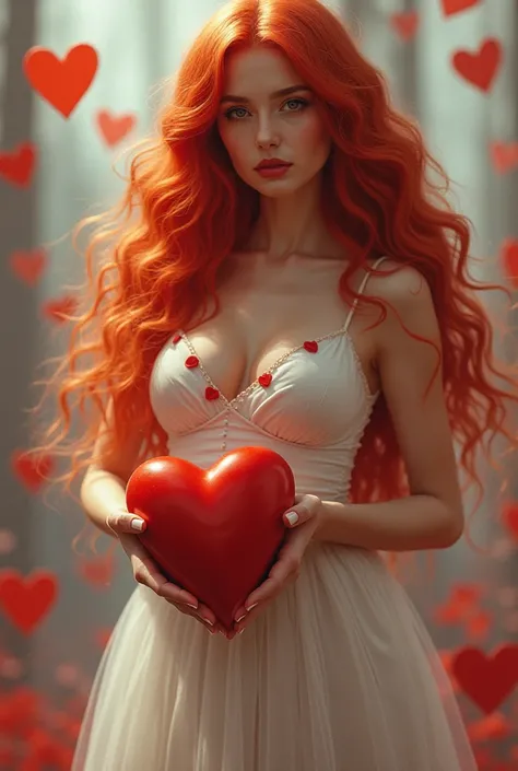 Busty sexy girl with red hair and white dress with hearts in the background and holding a big heart in her hands 