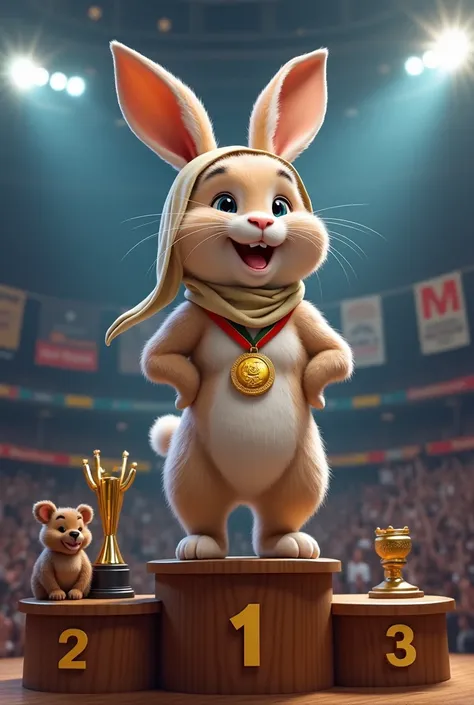 
**Scene:**  
A lop-eared rabbit stands with grace and pride on the championship podium at a bodybuilding competition. The rabbit has soft, fluffy fur, but its physique is slightly muscular, showing off its strength and dedication. Its long, droopy ears ha...