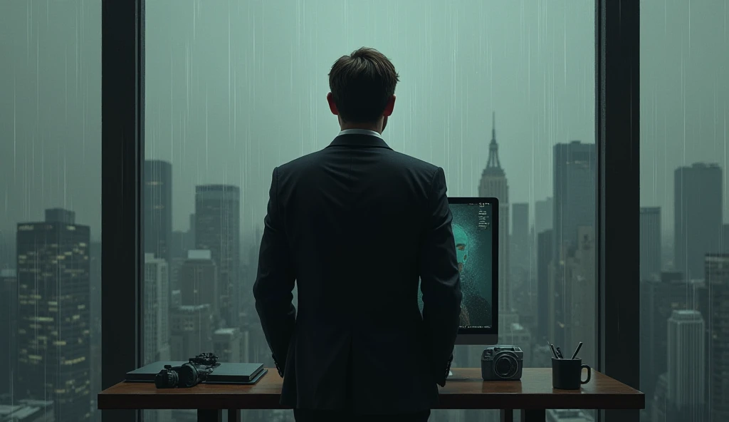 A man in a suit, standing near a window, looking out at a rainy city skyline. His face reflects sadness and betrayal. A computer screen behind him shows evidence of the conspiracy.