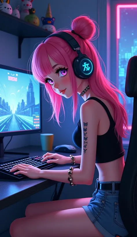  A gamer girl with pink hair wearing glowing headphones .  Combining innocence and sexuality : baby facial features  ( round cheeks ,  big eyes with silver eyeliner ),  but a tight black tank top ,  revealing fragile shoulders ,  and denim shorts with susp...