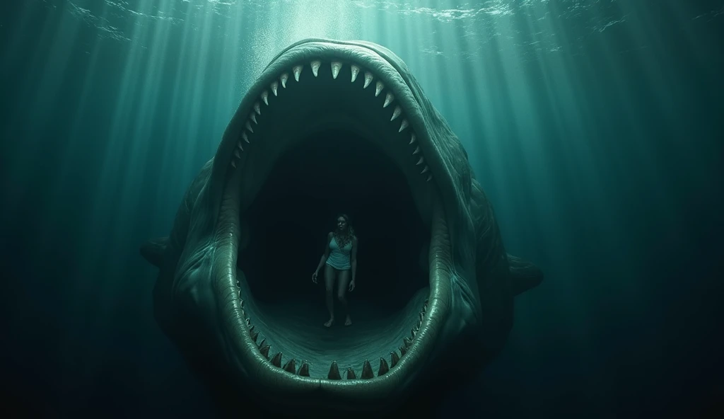 A dramatic, high-contrast cinematic depiction of Jonah being swallowed by a massive sea creature in the depths of the ocean. The enormous fish emerges from the dark abyss, its colossal mouth wide open as Jonah, suspended in the water, is moments away from ...