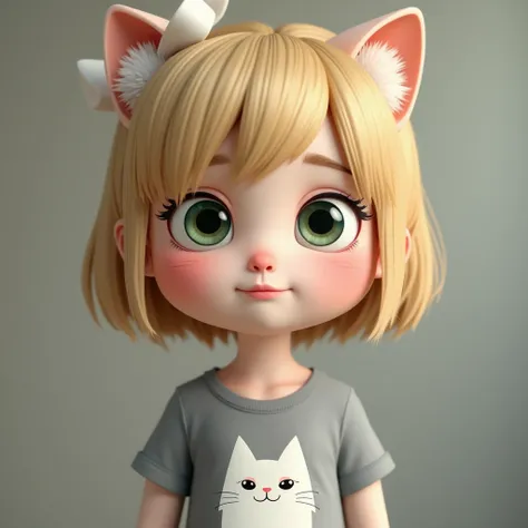  A close-up of a cartoon girl with a drawing of a white cat's head on her gray shirt. She has white skin and has a distant expression,  Huge eyes ,Short blonde hair and big green eyes ,  is a sad smiling expression,  A fixed cartoon picture ,  but a strict...