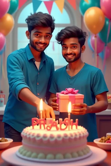 Create a 3d image in which a handsome boy cutting Cake wearing blue color shirt with Name "Priyansh" is written clearly on the Cake and 19 year candle burning on the Cake, his best friend cute gay without beard boy who is wearing blue oversized with name "...