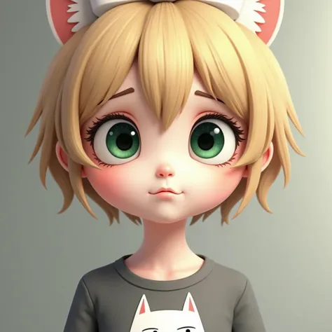  A close-up of a cartoon girl with a drawing of a white cat's head on her gray shirt. She has white skin and has a distant expression,  Huge eyes ,Short blonde hair and big green eyes ,  is a sad smiling expression,  A fixed cartoon picture ,  but a strict...