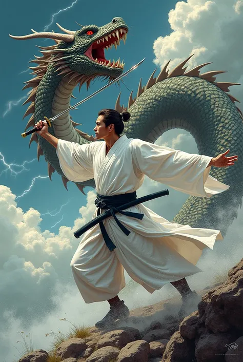  create a comic book character , A samurai in a white kimono, killing a dragon