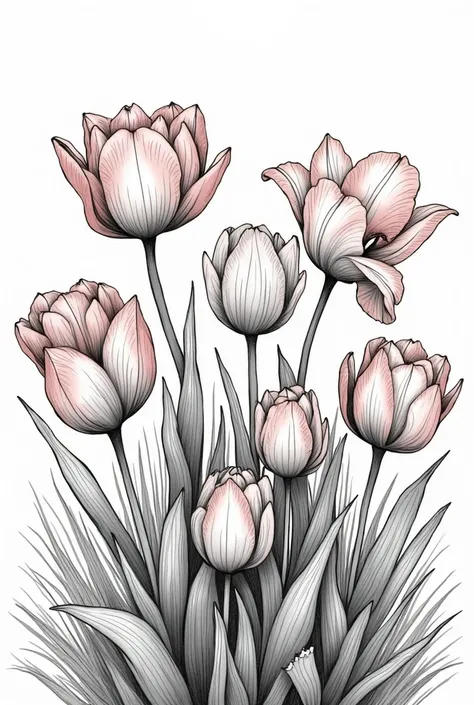 varias tulipaN eN la Naturaleza,
 coNtorNo del dibujo eN Negrita, coNtorNo b/N, arte liNeal,  sketch style ,