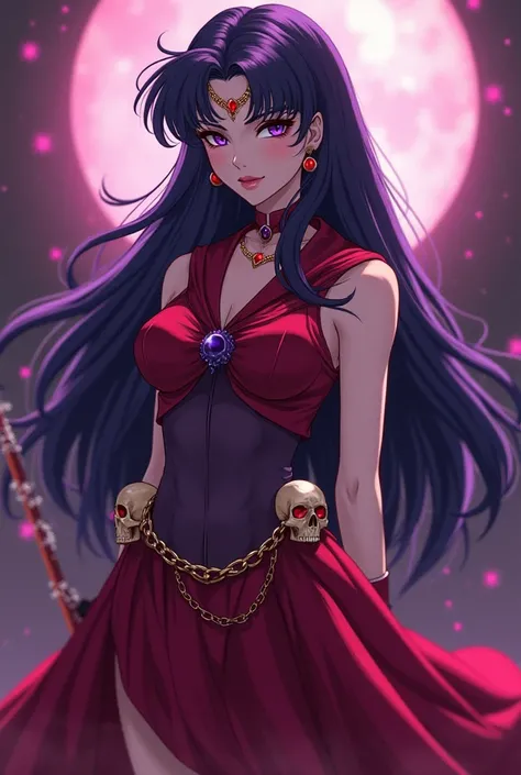 Create a beautiful elegant anime woman she should be a sailor warrior from the anime Sailor Moon she should be the Sailor Warrior of Blood Magic Her Sailor Moon uniform should be beautiful but also fearful and the color should be blood red to dark purple o...