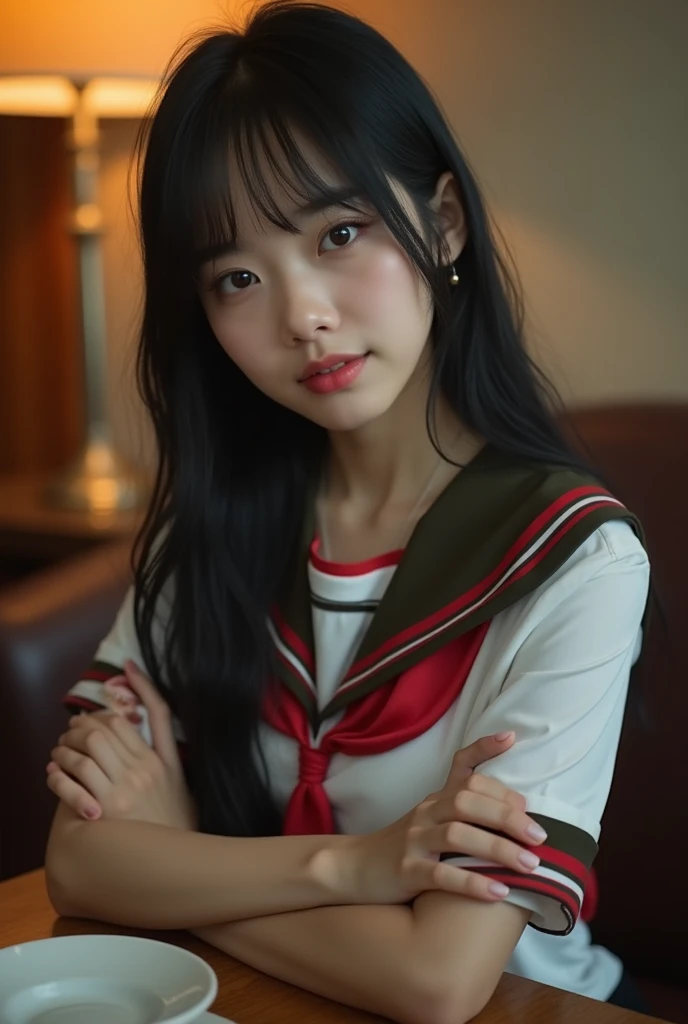   Documentary Photo   ， Idol Girl  ，Extremely beautiful ，   big eyes，  sitting at a luxury hotel table， strange battle   ，bigtit.   long hair around the waist ，Black straight ，  Slightly wet hair   ，  Wearing a sexy school uniform  ，  clothes are messy  ， ...