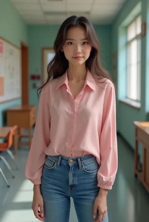  A high school teenager ,  pants , She's wearing jeans, pink blouse,  Ultra Realistic