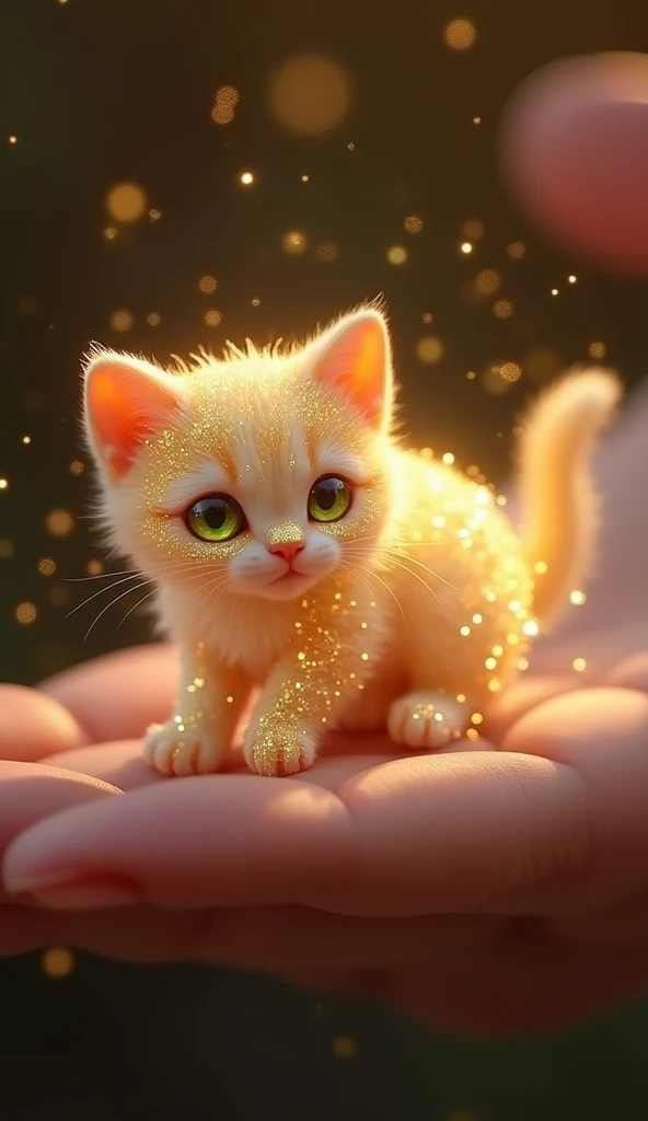 Mini Cat 1 Shiny
A mini shiny cat related in the palm of your hand, his soft fur adorned with small points of golden light. Each strand of fur reflects the glow around, creating a magical effect as if he were covered in stardust . His green eyes look like ...