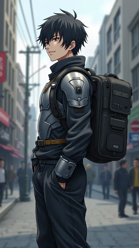 anime guy. 30 years old. the guy has black hair. Stands straight on his feet.  equipment wearing black apocalypse survival gear. He is wearing a light silver-colored armour. backpack on back. The guy has his hands in his pockets. The guy smiles cleverly.  ...