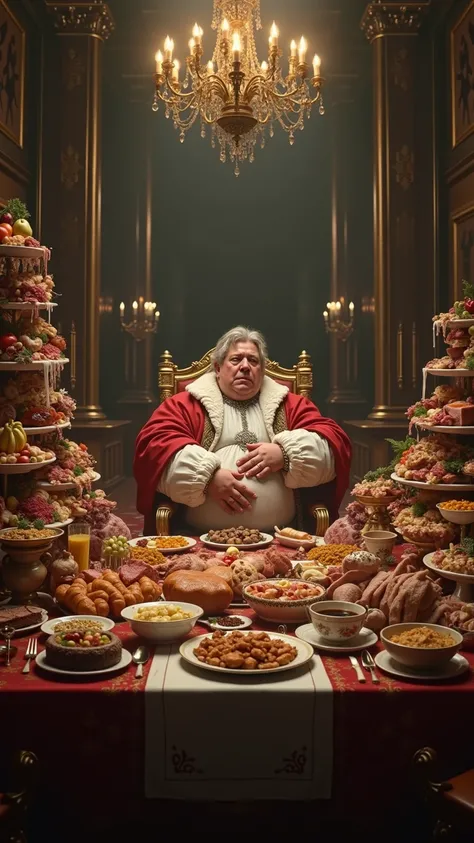 An 18th-century royal feast, a king sits in front of a massive dining table. There are mountains of food: meats, desserts, and drinks! The king looks bloated, clutching his stomach in pain, his face twisted in agony.