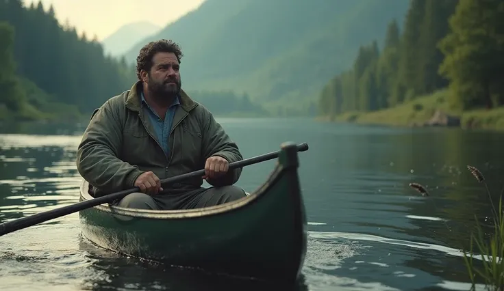 Make me a man of about 28 years old in a canoe in the Orinico River, Dressed as a fisherman, a little bit overweight, weighing about 80 kilos.  Hyperdetailed , realistic, cinematic, epic details, ultra-sharp, UHD.