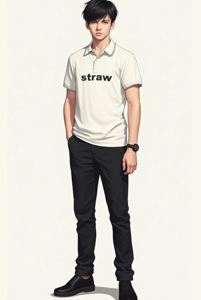 Young man with short black hair, polo blanco ,black pants black shoes and that the word straw is written on the polo shirt and the image is of the full body looking 