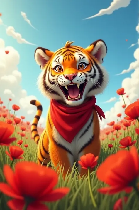 Un tigre avec un bandana rouge qui fait un grznd sourire, dans un champ de coquelicots 