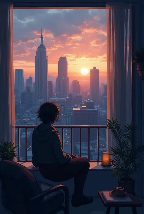 I want an image of a person sitting on the balcony.  Hurrying the city's beautiful landscape . I want it to be getting dark  