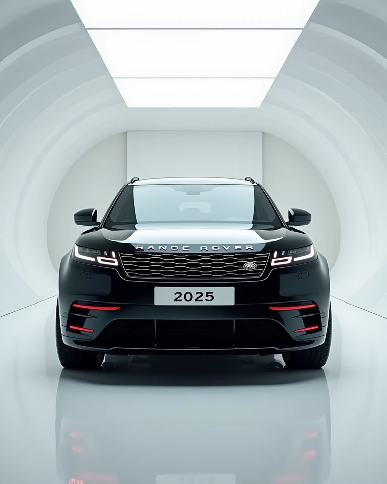 A captivating and futuristic image of the (range Rover 2025) is displayed in a luxurious white showroom. The car is painted in a striking vibrant (black ) hue, emphasizing its sleek, aerodynamic design with bold accents that highlight the cutting-edge inno...