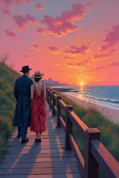   impressionist style ,  Van Gogh style ,  Coney Island ,  Lean on the Handrail of a Wooden Sidewalk by the Sea,  sunset over the horizon , Man and woman in old fashioned clothes watching the sunset, Wind Blowing from Hill to Sea ,  Retro Style , oil Paint...