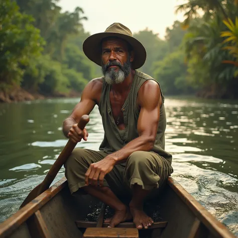 Make me a young man about 28 years old in a canoe on the Orinoco River, Dressed like a fisherman.  Hyperdetailed , realistic, cinematic, epic details, ultra-sharp, UHD.