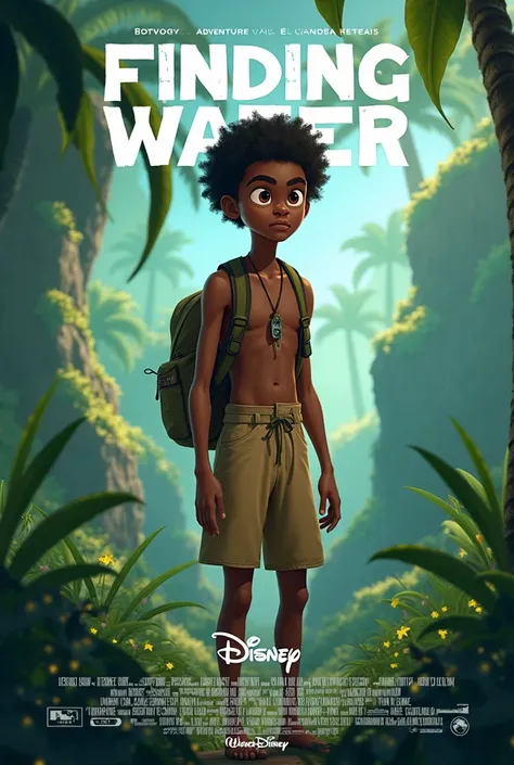 A disney poster saying finding water whit a skinny african on it