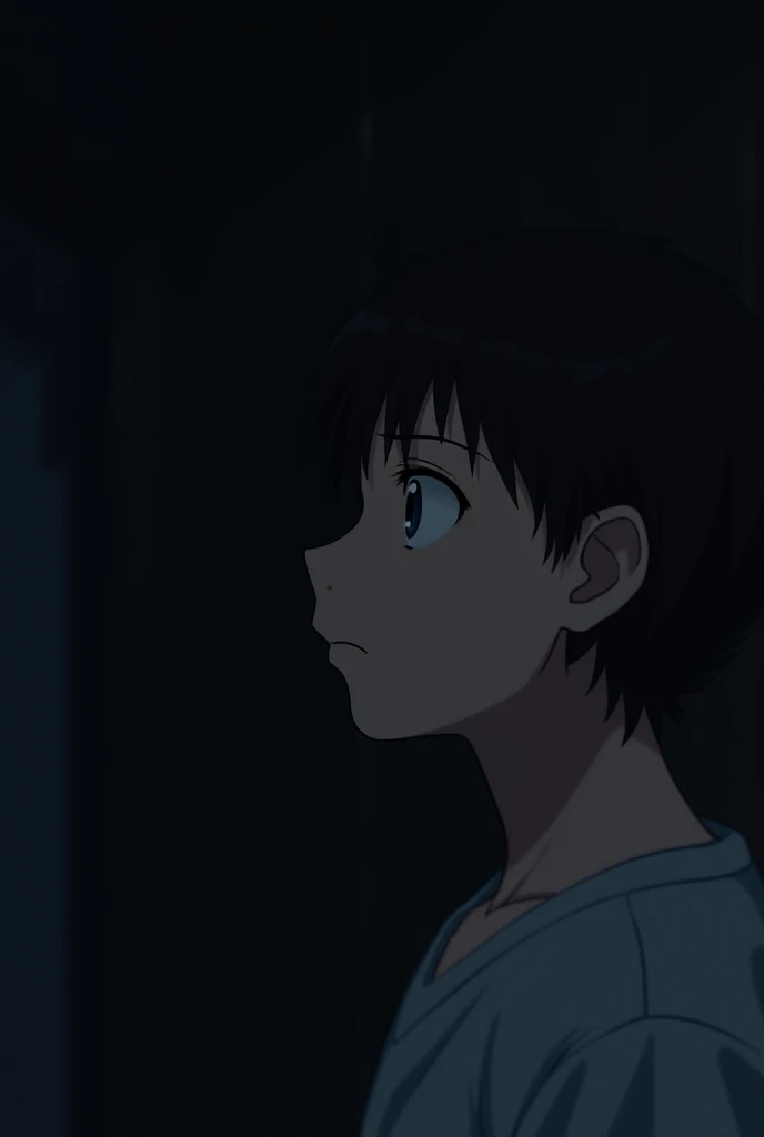 anime boy, serious face, profile, thinking and with eyes closed, black hair, in the dark