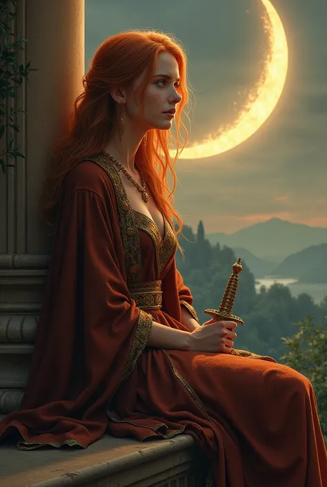 redhead with small tan girl with golden eyes in a brown rich hood of a royal warrior, dagger in her hand, sitting on the balcony, looking at the crescent moon