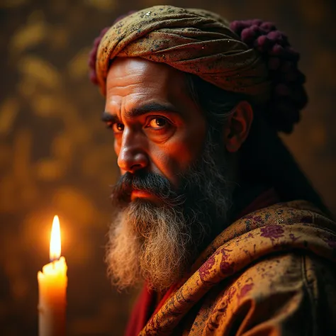 "Close-up portrait of Rumi, his face illuminated by candlelight, eyes burning with divine fervor. Behind him — a surreal backdrop: golden wine cascading like a river from a shattered Quranic manuscript, each droplet transforming into a whirling dervish. On...