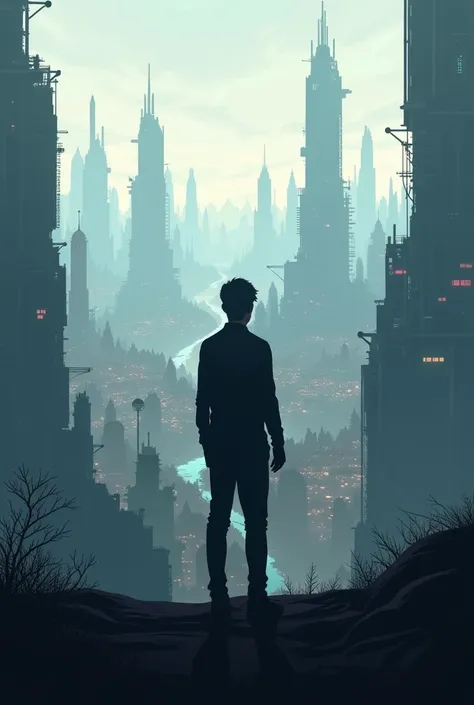  Silhouette of a person looking at a futuristic city.
Beautiful and challenging scenery . 
