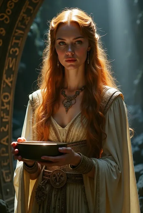 " A majestic depiction of the Norse goddess Sigyn , Loki's wife ,  in a mythological setting .  She has a serene and determined expression ,  holding a bowl to protect Loki from the serpent's venom ,  in a dark and mystical environment inside a Norse cave....