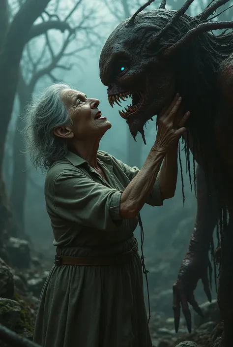 Play an old woman banging her tit in the face of a creepy monster 