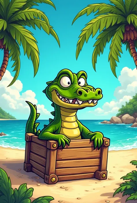 Create an image ,  a crocodile that looks out of a wooden box. the box is on the beach by a sea ,  palm trees all around ,comic style 