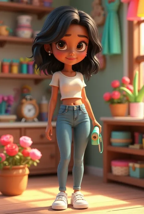 Create a stylized 3D Disney-Pixar character of a petite woman with olive skin, large, round dark brown eyes, and chubby cheeks. She has shoulder-length wavy black hair framing her expressive face. She wears tight jeans, a casual short-sleeved blouse, and c...