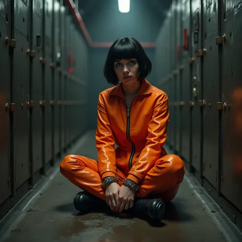 A 30 YO french girl in with short dark hair and fringe haircut, sitted on the floor captive in a space prison cell. She's wearing a zipped orange rubber jumpsuit and black rubber boots. Her hands are firmly bound together in handcuffs and belly chain. Full...