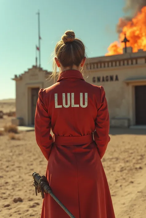 Une femme rousse avec l'inscription "LULU" qui est pompier. Avec sa lance à incendie, elle asperge de l'eau sur la base militaire qui a des flamme sur le toit et a l'inscription "GNAGNA" en facade. La scène se déroule dans le désert.