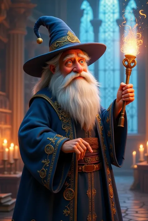 A highly detailed 3D-rendered image of a wise and powerful old wizard, designed in the style of Pixar and Disney 3D animation. He has a long, flowing silver beard and kind yet piercing eyes that radiate wisdom. He wears an elegant, deep-blue wizard robe wi...