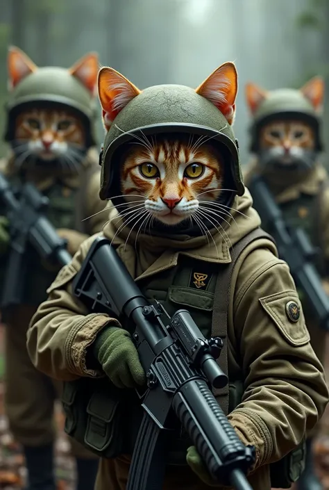 " Several cats dressed in detailed military uniforms ,  including tactical helmets and combat equipment . They realistically hold weapons ,  with serious and determined expressions ,  as if they were on a special mission . The scenery is intense,  reminisc...