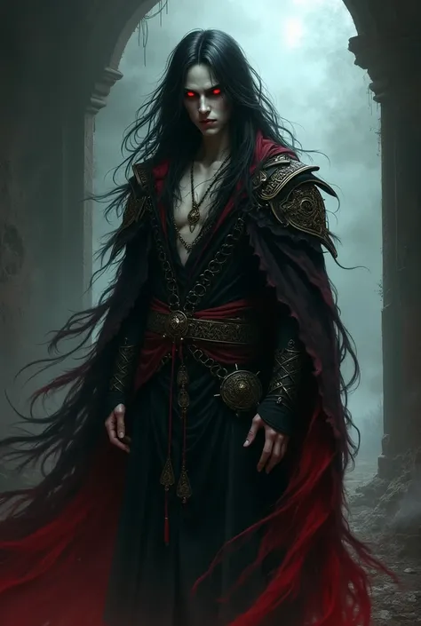 Castelvania style, black and red hair, red eyes, vampire, old clothes