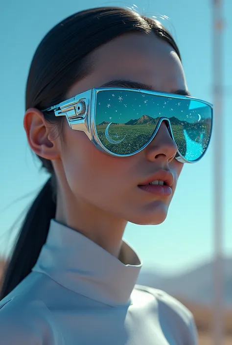 The model is wearing glass sunglasses with stars and the moon on the glass