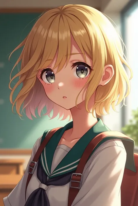 A college girl with short blonde hair in a school uniform and tanned skin with gray anime-style eyes 