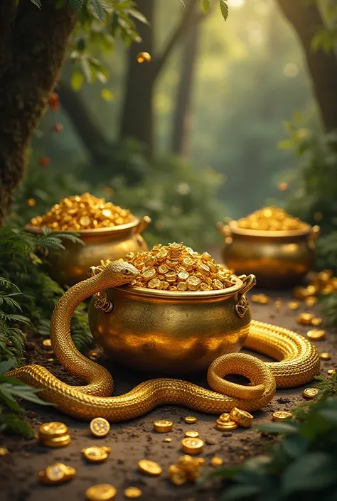 In the forest, there are 3 large gold pots full of gold. Next to them, a large golden snake is walking around, very beautiful with its fragrance. Around it, there are gold bars, gold rings, diamonds, and gold jewelry. Please describe it naturally. Details