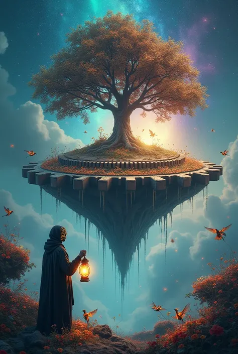 A surreal floating island in the sky, shaped like a giant clockwork gear, with a glowing tree at its center. The tree’s roots drip liquid stardust into the void below. A cloaked figure with a mask made of shattered mirrors stands beside it, holding a lante...