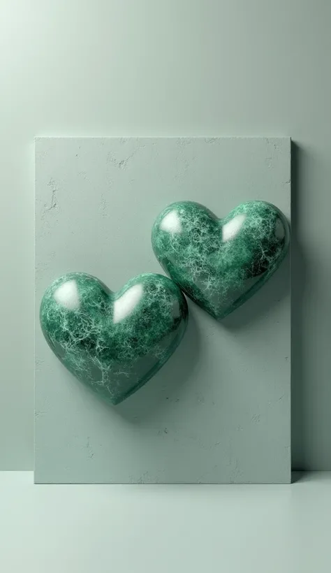 Draw on a gray background two heart icons with volumetry and a green quartzite stone print