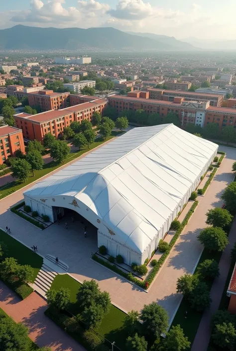 (Photorealism :1.2), Large tent for mass outdoor event on the private esplanade of the Autonomous University of Chiapas, Mexico. Do not include words in the photo. Evidence-photography. Aerial shot.  realistic photography.