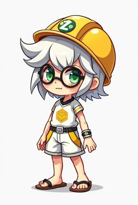  I want you to create a white-haired character  , green eyes and glasses of degree ,  has a scar on her cheek ,  wears a white outfit with the symbol of ZETA (World champion of Brawl Stars )  who wears simple shorts and a flip flop on his foot too to do it...