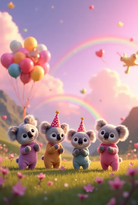    In the valley , pink and purple sky , rainbow, ballons anniversaires,  we find 4 koala friends dressed in pajamas playing in the grass and toys for ren meet there ! 

Style pixar