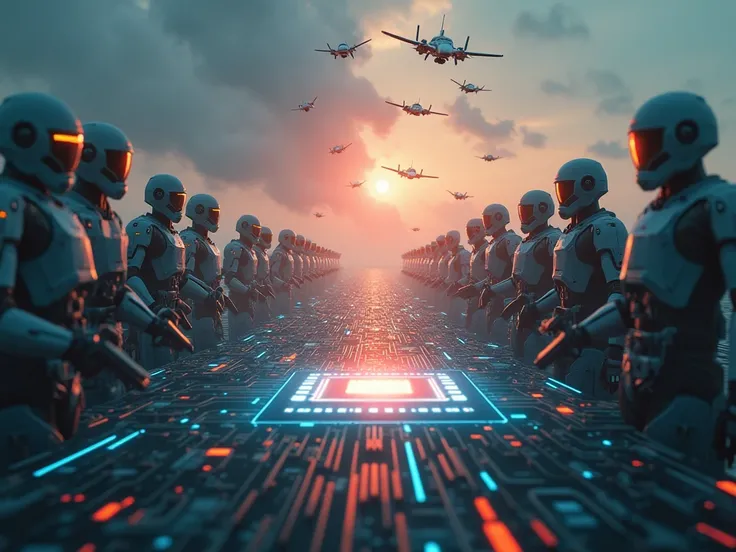 Futuristic battlefield: AI-powered robots and drones on one side, U.S. and Chinese military tech (soldiers, jets) on the other. A glowing semiconductor chip floats centrally, split by a digital tug-of-war rope. Cybernetic data streams flow in the backgroun...