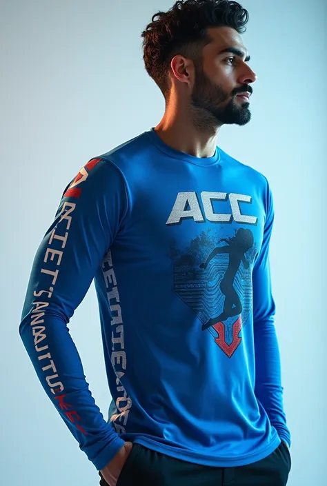 Assemble a sleeve shirt model in the color Blue, On the front side place the initials ACC with a sign of a running doll and on the back of the jersey put the name athlete 