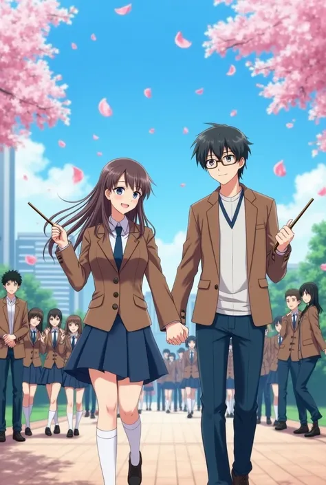  Create an image of two anime characters .  The boy character and they're holding hands and in the other they're holding the graduation straw, with students in the background .

 two anime characters in a school yard with pedals of falling cherry blossoms ...