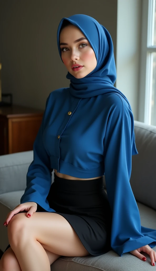 Photorealistic european hijabi woman, 160cm high, ((smooth skin, pale skin)), pink lipstick, brown eyes, long eyelashes, full lips, smokey eyeshadow, wide hips, curved ass, ((wearing tight blue top, tight sleeves, wide black mini skirt, big boobs)), blue h...