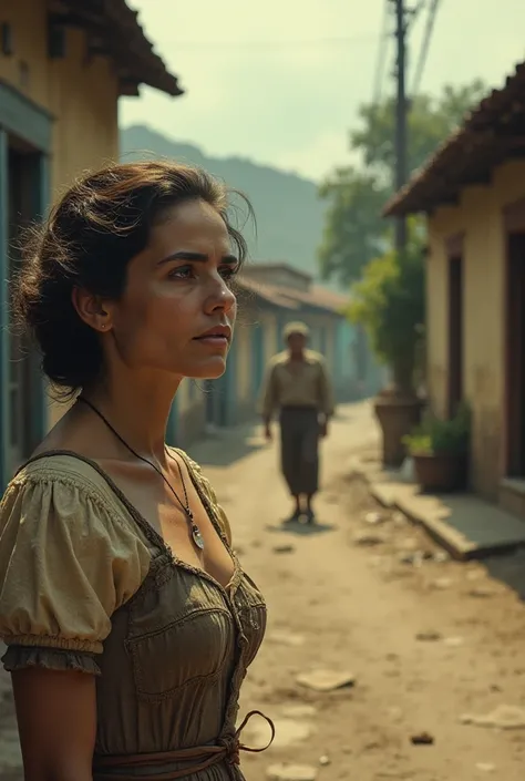 A woman in an old dress seeing her drunken party husband in the distance, all this in a town similar to Macondo, in an old photography style.